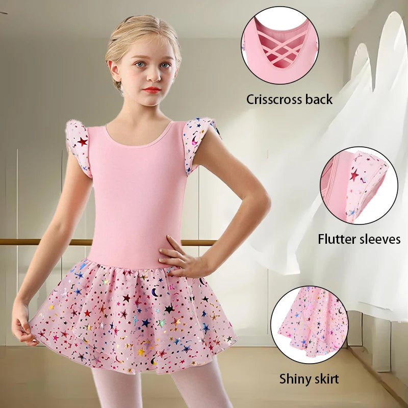 Justaucorps jupette brillante Bryanna manches & coloris au choix