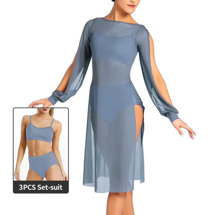 Robe fendue Romy maille transparente avec top & shorty gris bleu