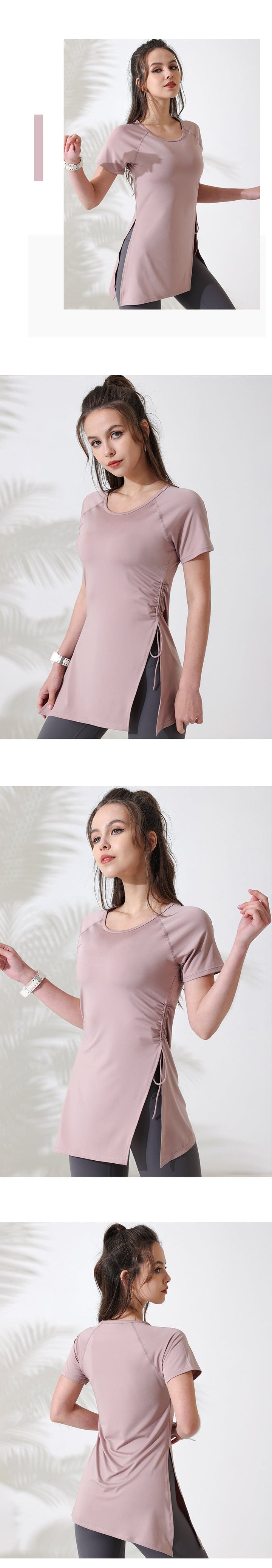 Top long manches courtes asymetrique fendu côté rose S/M