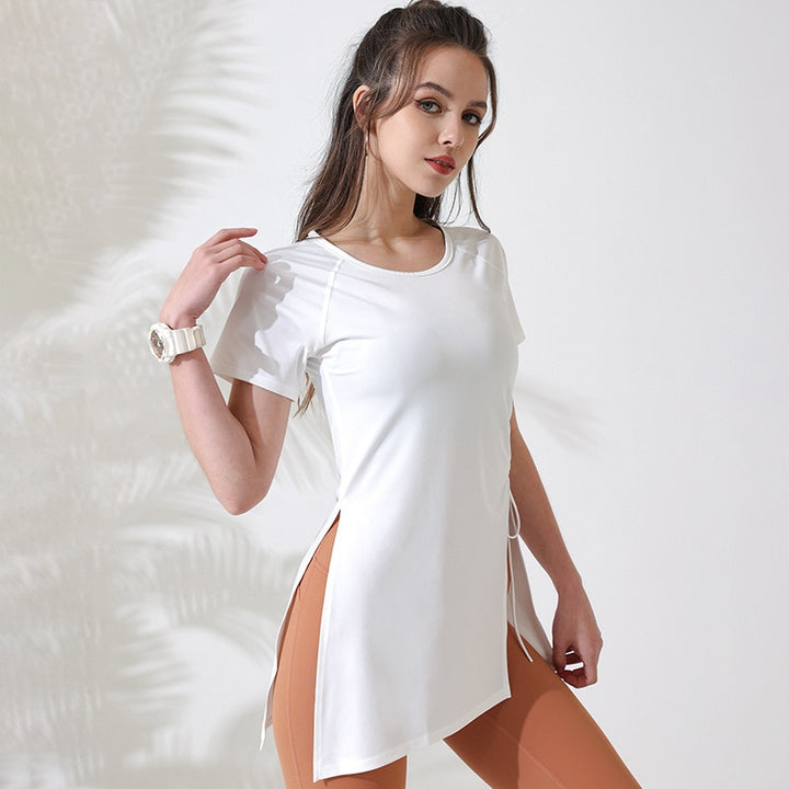 Top long manches courtes asymetrique fendu côté