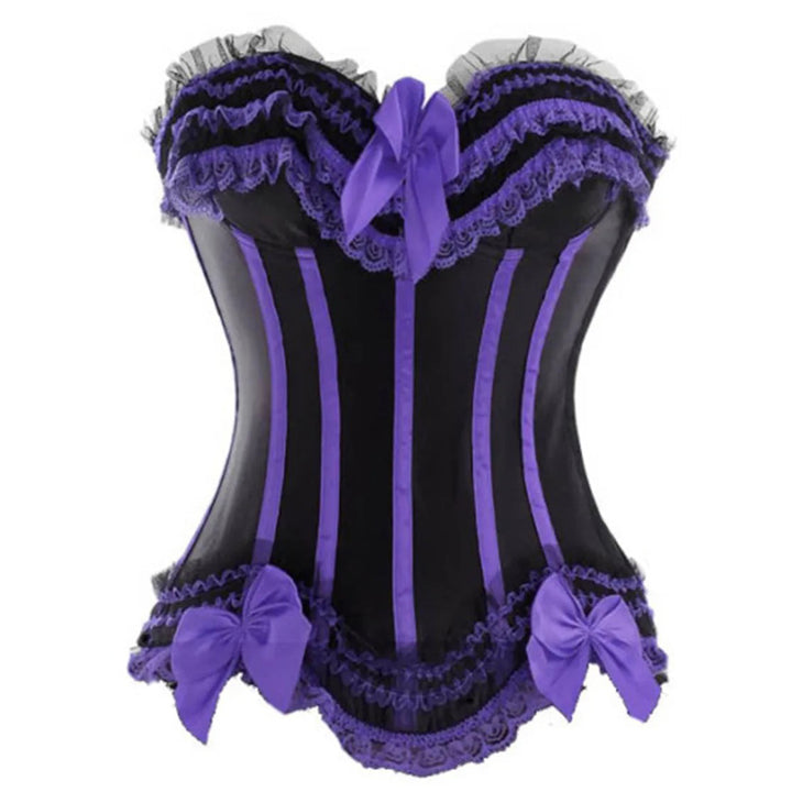 Corset bustier satin violet noir avec noeuds