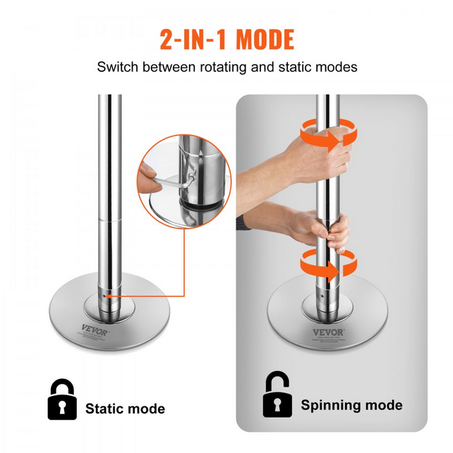 Barre de Pole Dance chromée rotative réglable 222,5-280cm