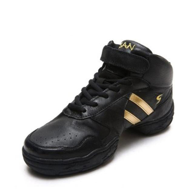 Baskets montantes cuir coloris noir & bandes or T44