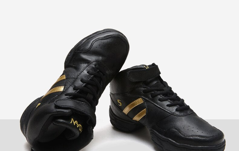 Baskets montantes cuir coloris noir & bandes or T44