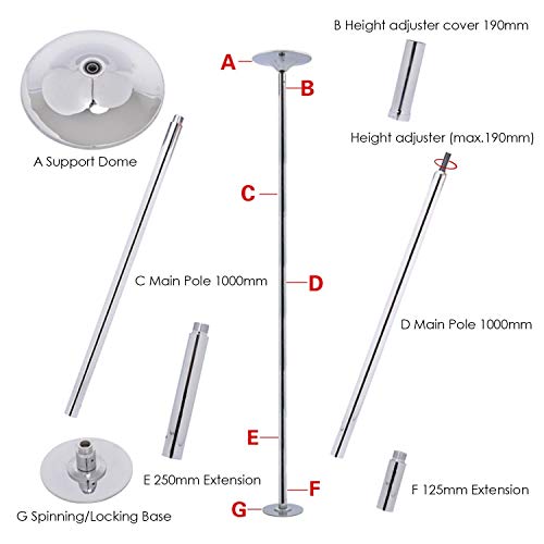 Barre de Pole Dance chromée rotative réglable 222,5-280cm