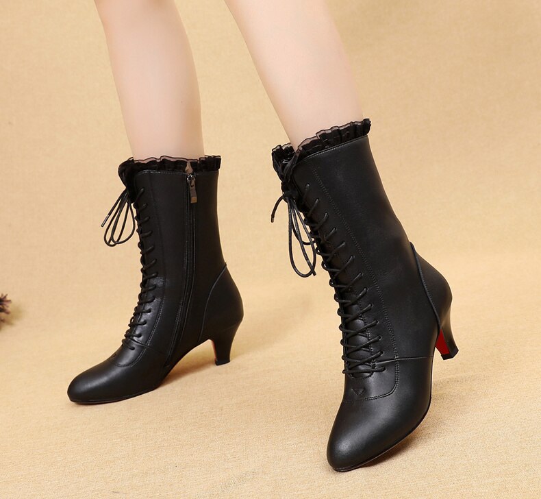 Bottines danse cuir Sandy  avec dentelle rouge Talons de 5cm
