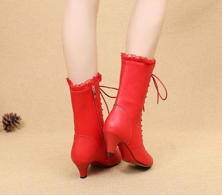 Bottines danse cuir Sandy  avec dentelle rouge Talons de 5cm