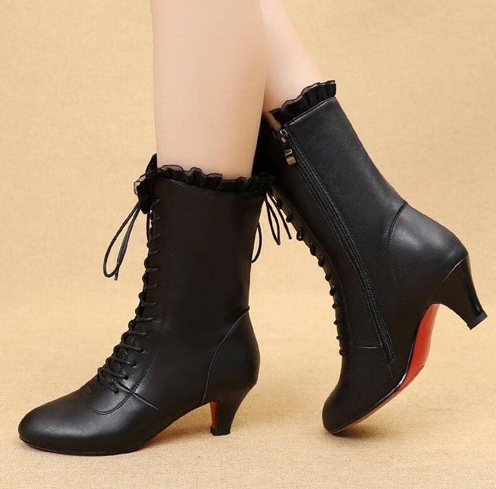 Bottines danse cuir Sandy  avec dentelle rouge Talons de 5cm