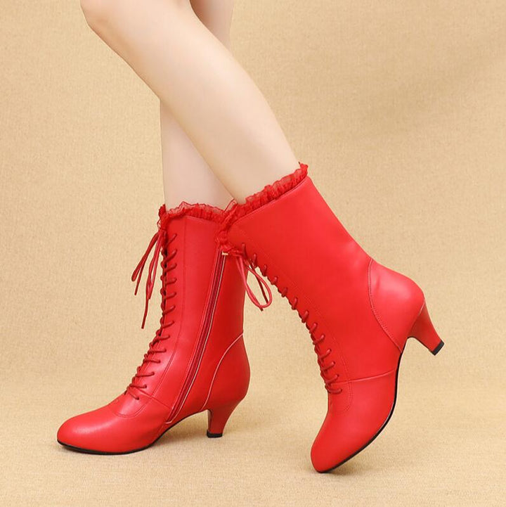 Bottines danse cuir Sandy  avec dentelle rouge Talons de 5cm