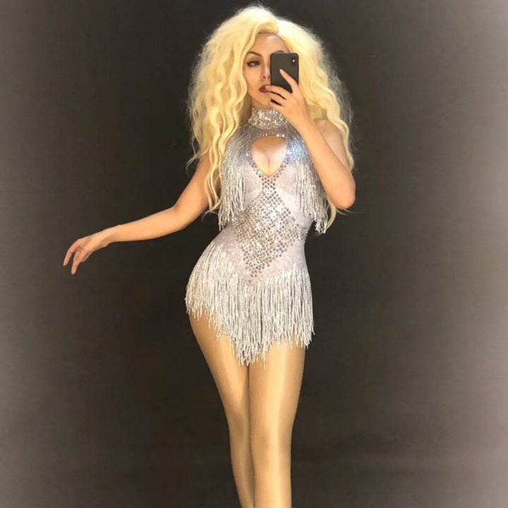 Justaucorps extensible avec franges et strass