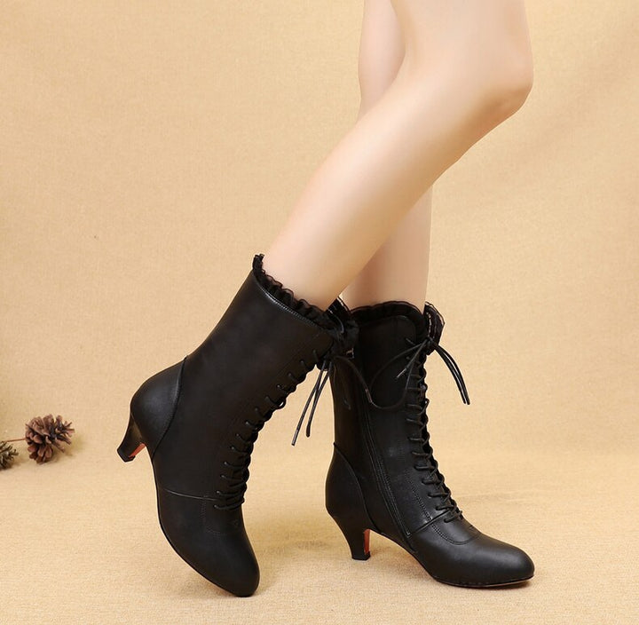 Bottines danse cuir Sandy  avec dentelle rouge Talons de 5cm