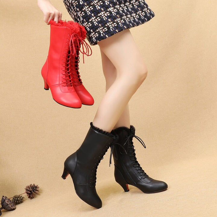 Bottines danse cuir Sandy  avec dentelle rouge Talons de 5cm