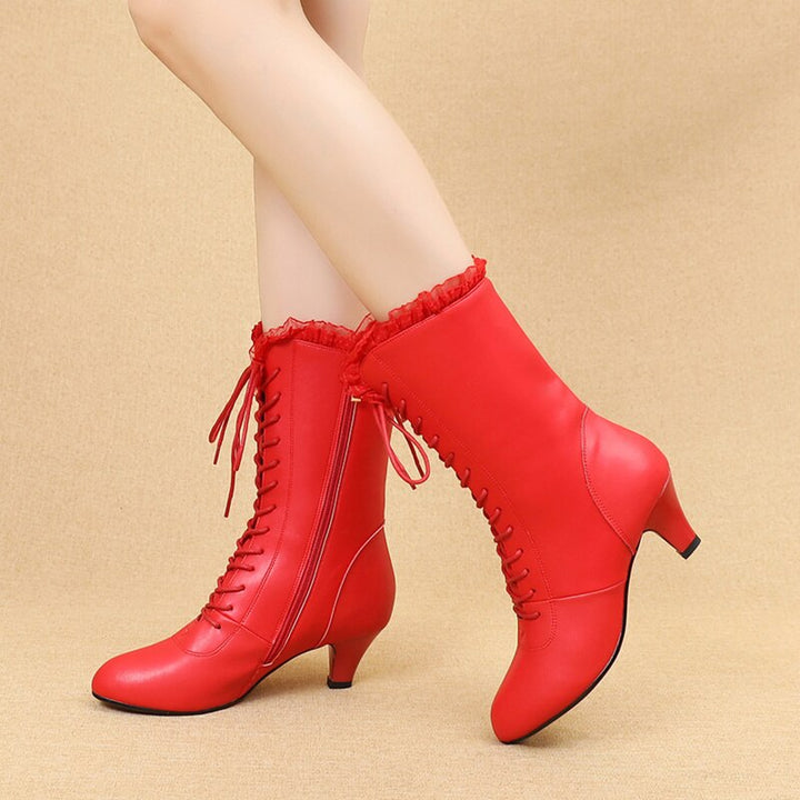 Bottines danse cuir Sandy  avec dentelle rouge Talons de 5cm