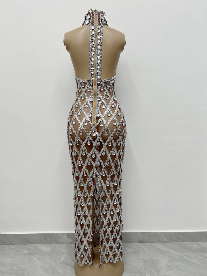 Robe longue sans manches col haut avec paillettes et strass