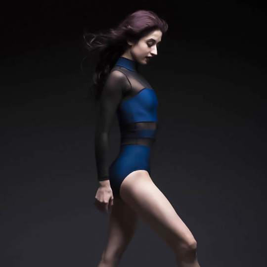 Justaucorps à manches longues transparentes et col montant  - Haut avec transparences & bandes tissus élastique - pour adulte - 2 Couleurs disponibles: noir ou bleu et noir - Dance Store