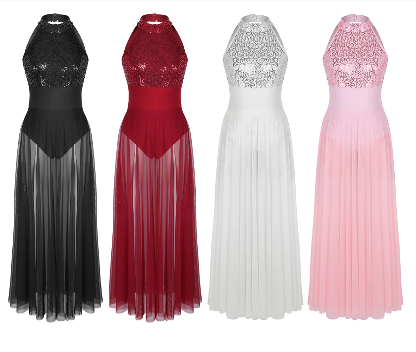 Robe longue fendue sur 1 côté en mesh avec justaucorps intégré sans manches dos nu avec sequins pour adulte 4 coloris au choix - Dance Store