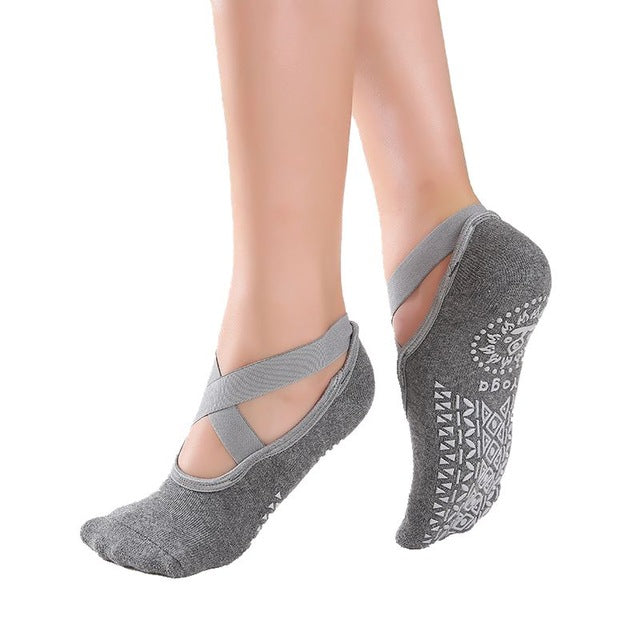 1 Paire Socquettes Chaussons anti-dérapants en coton spécial Yoga & Danse - avec élastiques et motifs fantaisie sous la chaussette - pour adulte 4 coloris au choix - Dance Store