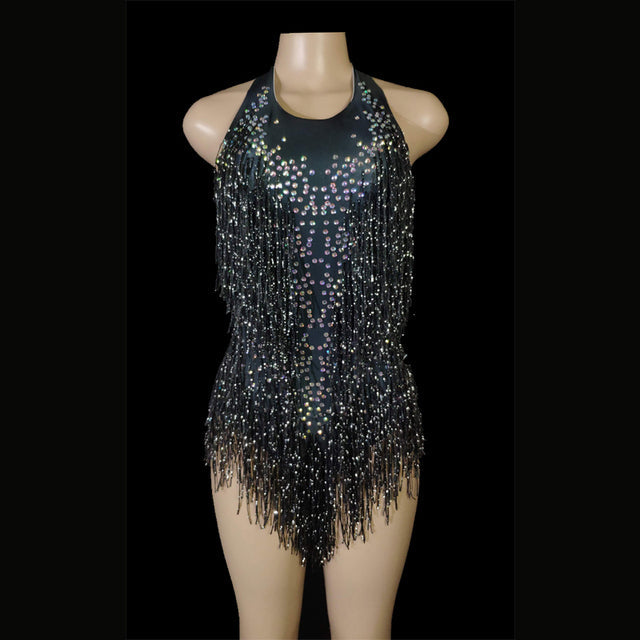 Body Strass Franges Joséphine noir et argent Taille S