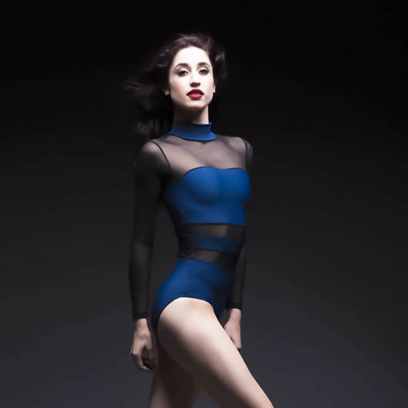 Justaucorps à manches longues transparentes et col montant  - Haut avec transparences & bandes tissus élastique - pour adulte - 2 Couleurs disponibles: noir ou bleu et noir - Dance Store