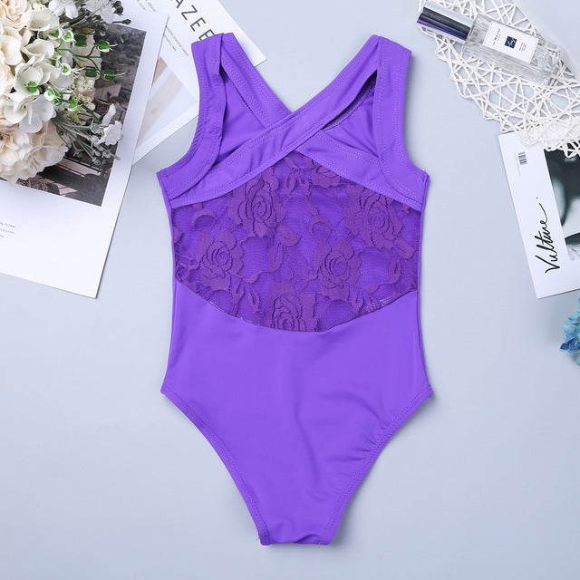 Justaucorps Body sans manches bretelles croisées et dentelle dans le dos pour enfant 4 coloris au choix rose/bleu/violet/noir - Dance Store