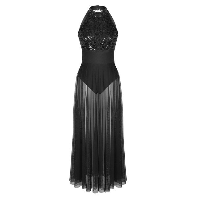 Robe longue fendue sur 1 côté en mesh avec justaucorps intégré sans manches dos nu avec sequins pour adulte 4 coloris au choix - Dance Store